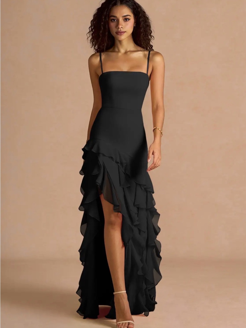 Azazie Black Asymmetrical Ruffle Slip Dress